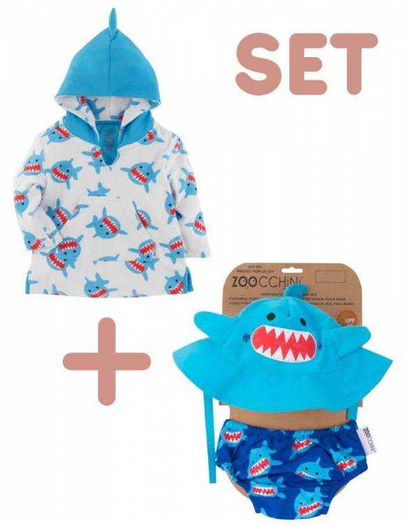 Set Bañador Pañal + Gorro + Albornoz UPF 50 ZOOCCHINI - Tiburón