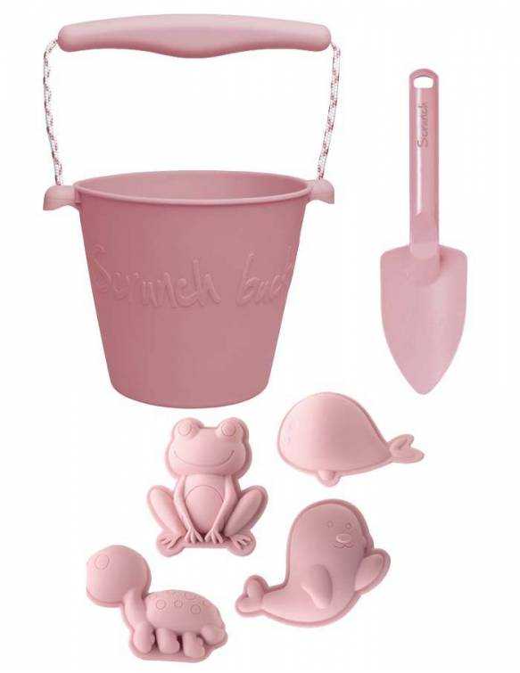 Set Playa Cubo Silicona Ecológica + Pala + 4 Moldes SCRUNCH - Pink