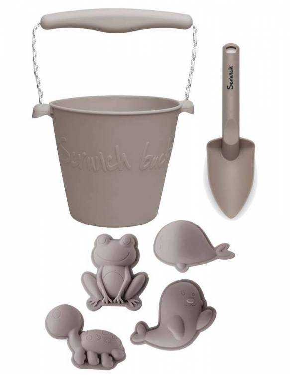 Set Playa Cubo Silicona Ecológica + Pala + 4 Moldes SCRUNCH - Grey