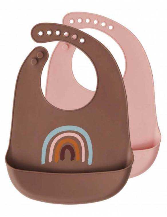 Set 2 Baberos De Silicona OYOY MINI Con Bolsillo - Rainbow/Brown